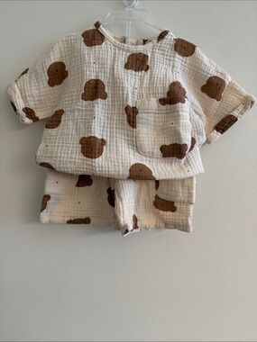 Toddler Bear Print Muslin Pajama Set - Cream & Brown